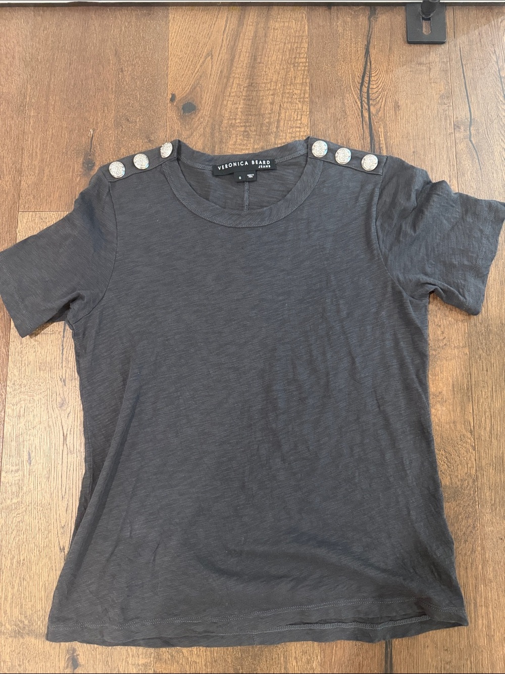 Veronica Beard Charcoal Short Sleeve Tee with Metallic Shoulder Buttons